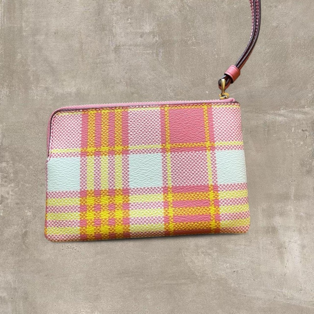Coach Plaid Wristlet Pink Yellow Zip Pouch NWT - Picture 2 of 4